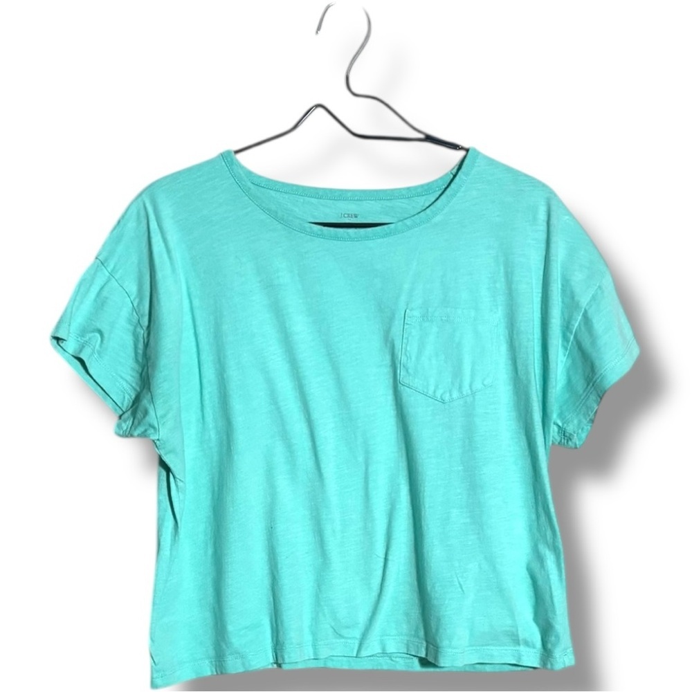 J. Crew Vibrant Light Teal Boxy Cropped Cotton Simple Short Sleeve Tee - Picture 14 of 16